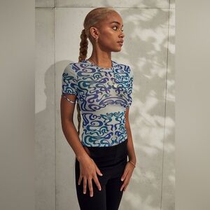 MIAOU x Urban Outfitters UO Exclusive Blue Swirl Print Mesh Top Size Medium